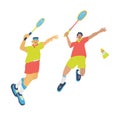 Illustration with two jumping men, doubles badminton game vector Royalty Free Stock Photo